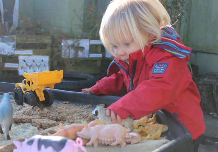 playing in tuft tray with sand and farm toys