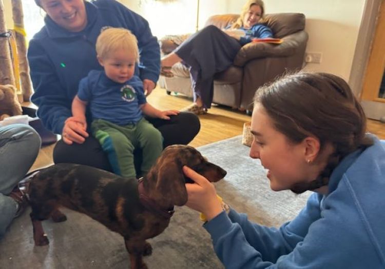 children petting dog
